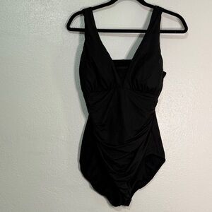 Lands' End Black Ruched One-Piece Swimsuit. Sz 14.